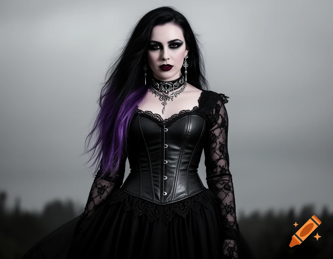 A serious woman with dark goth makeup and purple-streaked hair wears a black leather corset and lace dress against a gray sky.