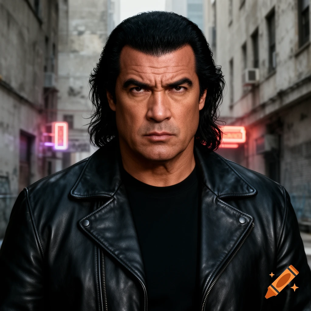 A serious man with long dark hair, resembling Steven Seagal, wears a black leather jacket and t-shirt, standing in a dim urban alleyway with neon lights in the background. Photorealistic style.