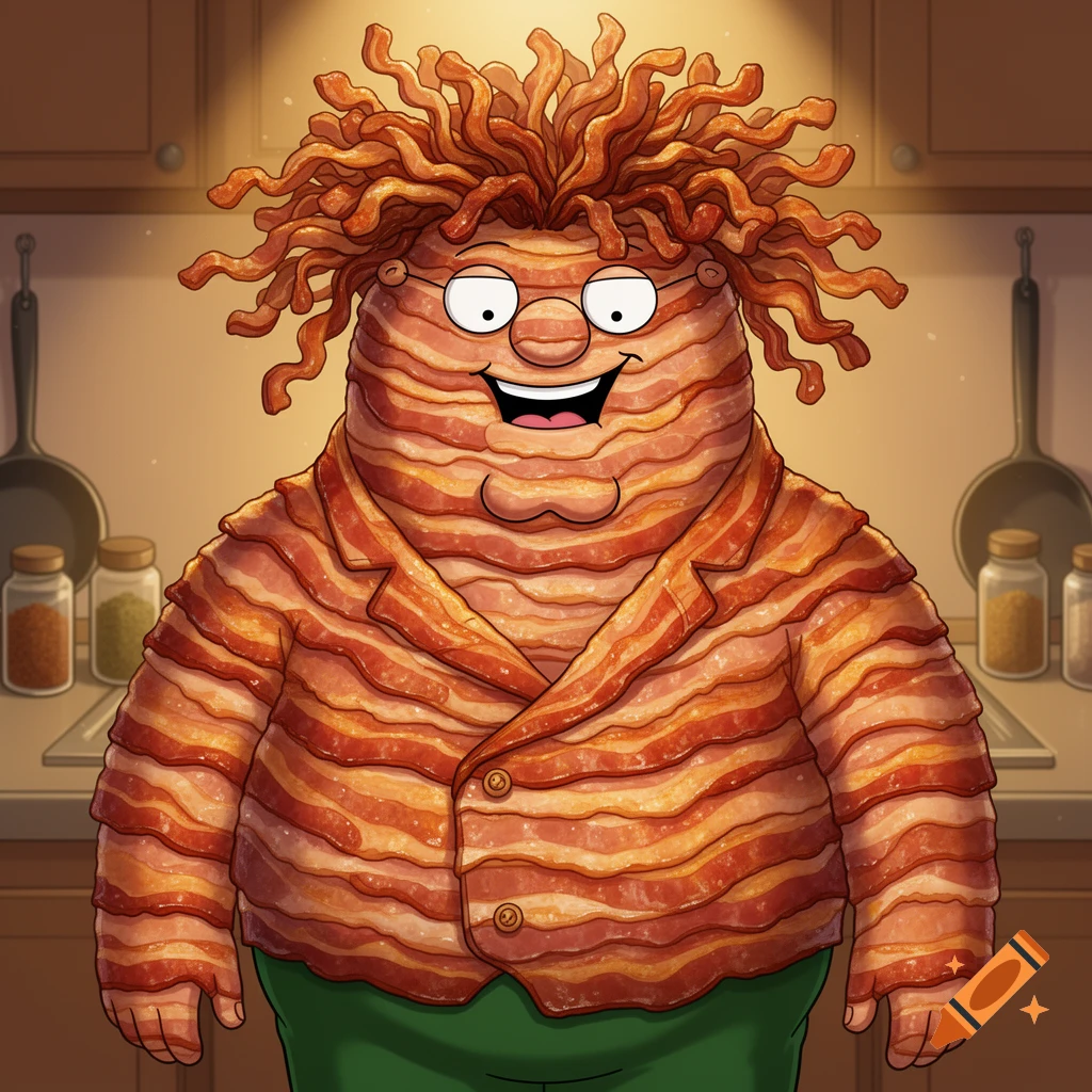 Cartoon illustration of Peter Griffin with skin, hair, and clothes made of bacon, smiling in a kitchen.