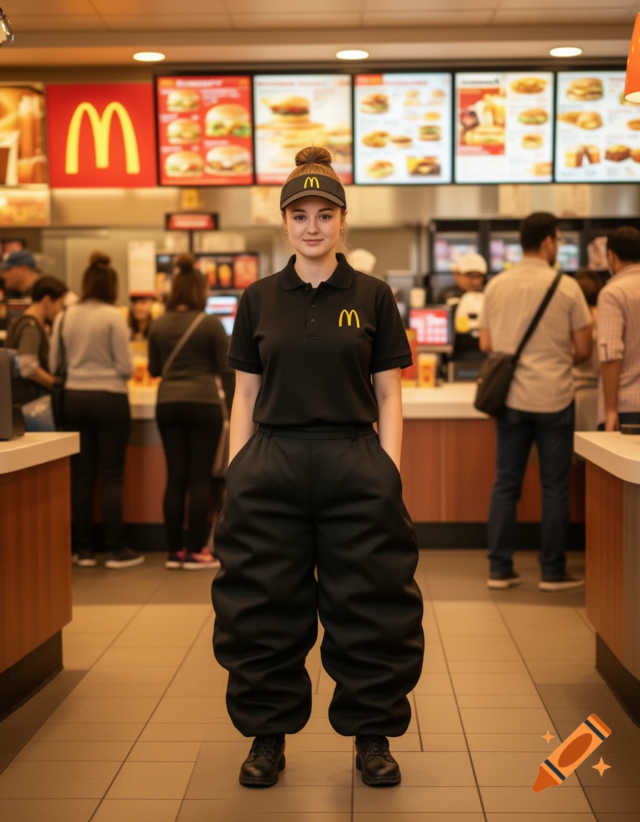 A female McDonald's worker in a black uniform and extremely puffy pants stands smiling in a McDonald's restaurant.
