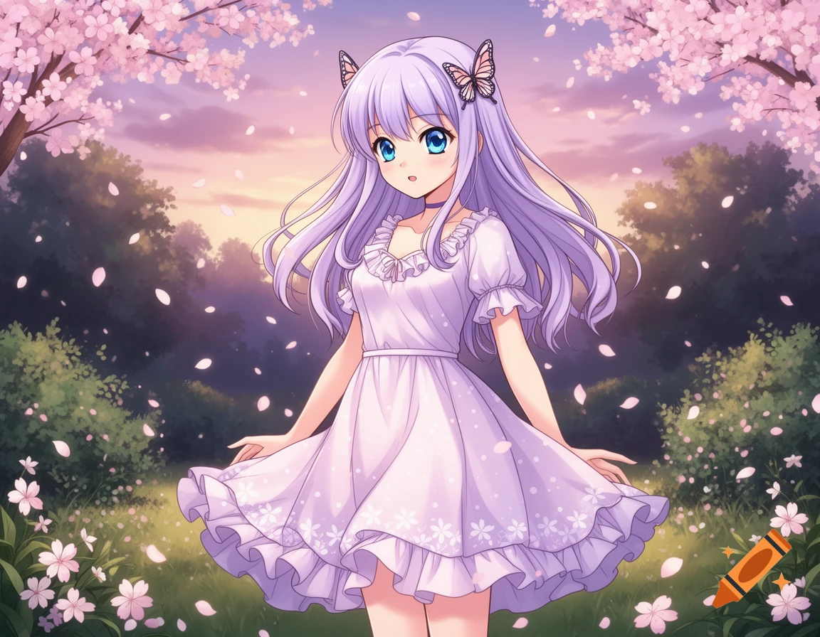 Anime girl with lavender hair and a white dress standing in a park with pink cherry blossoms and falling petals at sunset.
