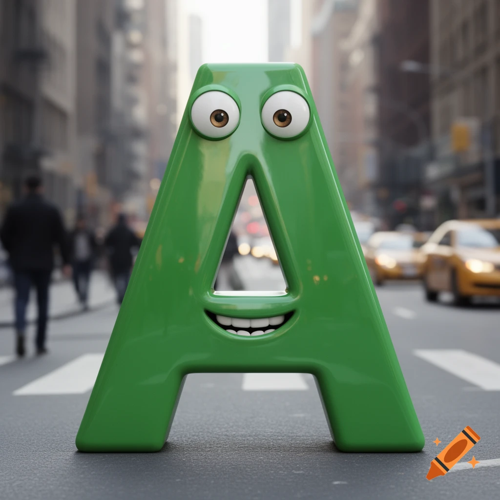 A green, glossy letter A with googly eyes and a smiling mouth stands on a city street crosswalk with blurred traffic and buildings in the background.