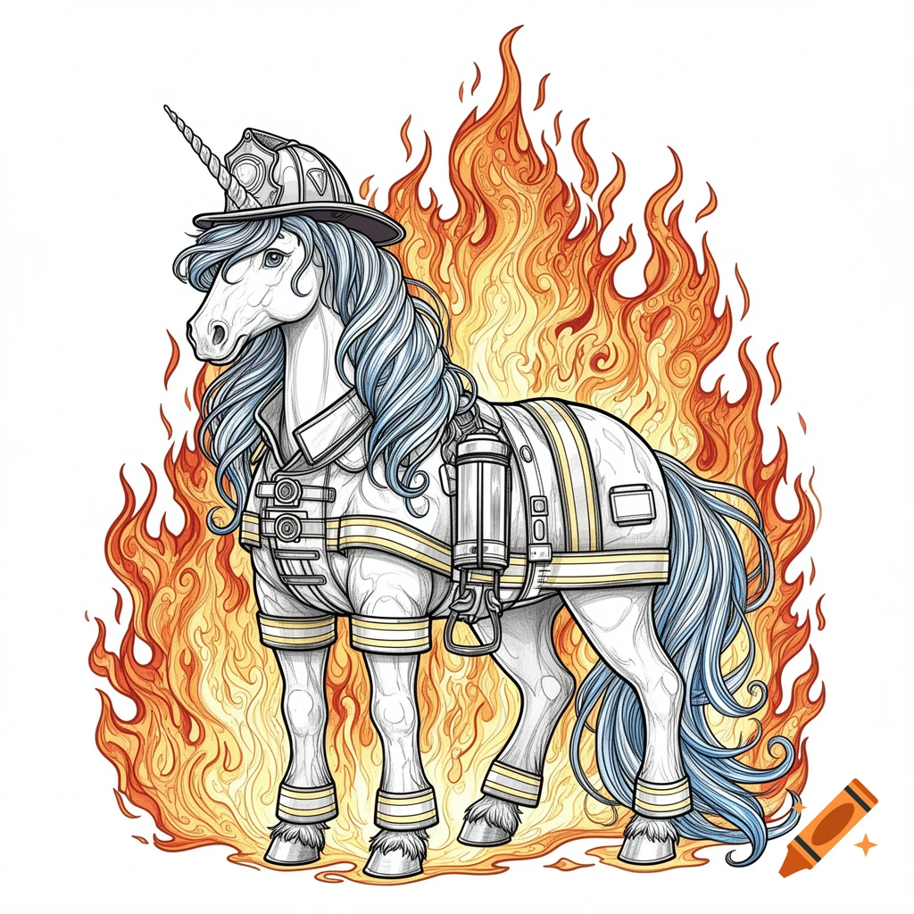 A white unicorn wearing a firefighter uniform and helmet, standing amidst vibrant orange flames in a line art, coloring book style.