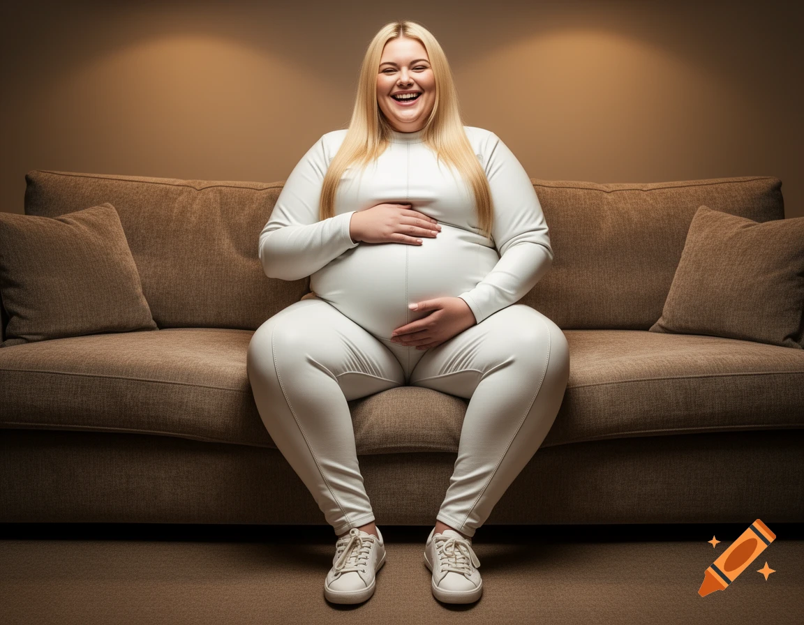 A smiling, pregnant blonde woman in a white full-body suit sits on a brown couch, holding her large belly.
