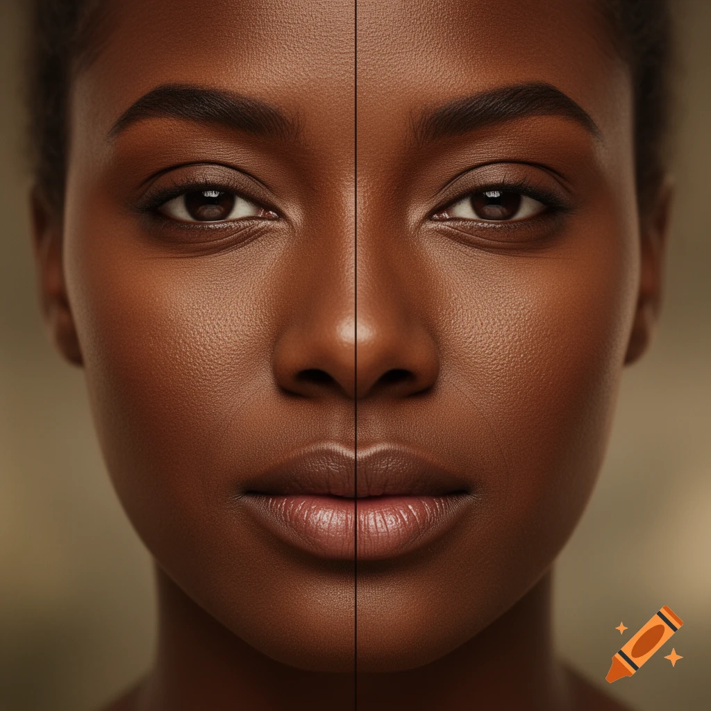 A photorealistic close-up of a brown-skinned face split vertically in half, showing symmetrical features.