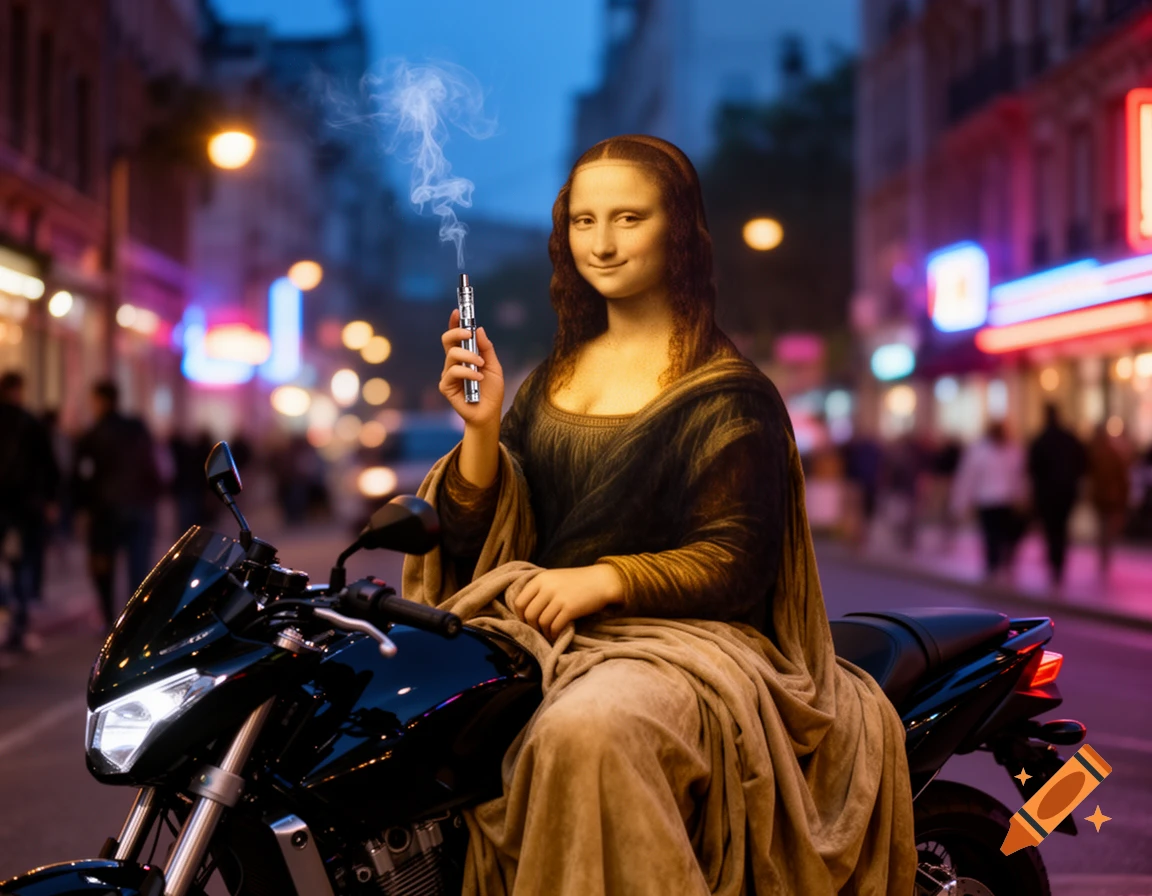 Mona Lisa sits on a black motorcycle, holding a vape pen with smoke rising, on a vibrant city street at night.