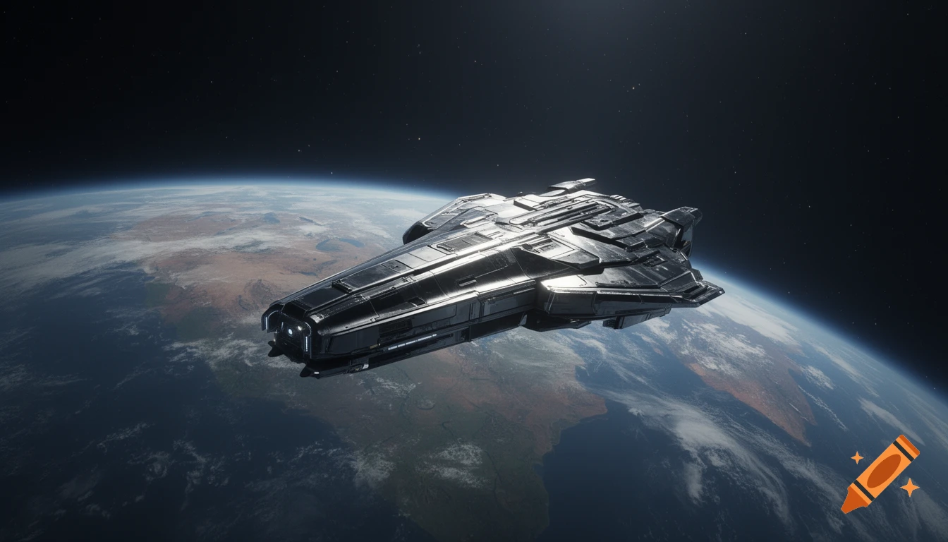 A detailed, dark metallic spaceship orbits Earth, with continents and clouds visible below, set against a star-filled cinematic background.