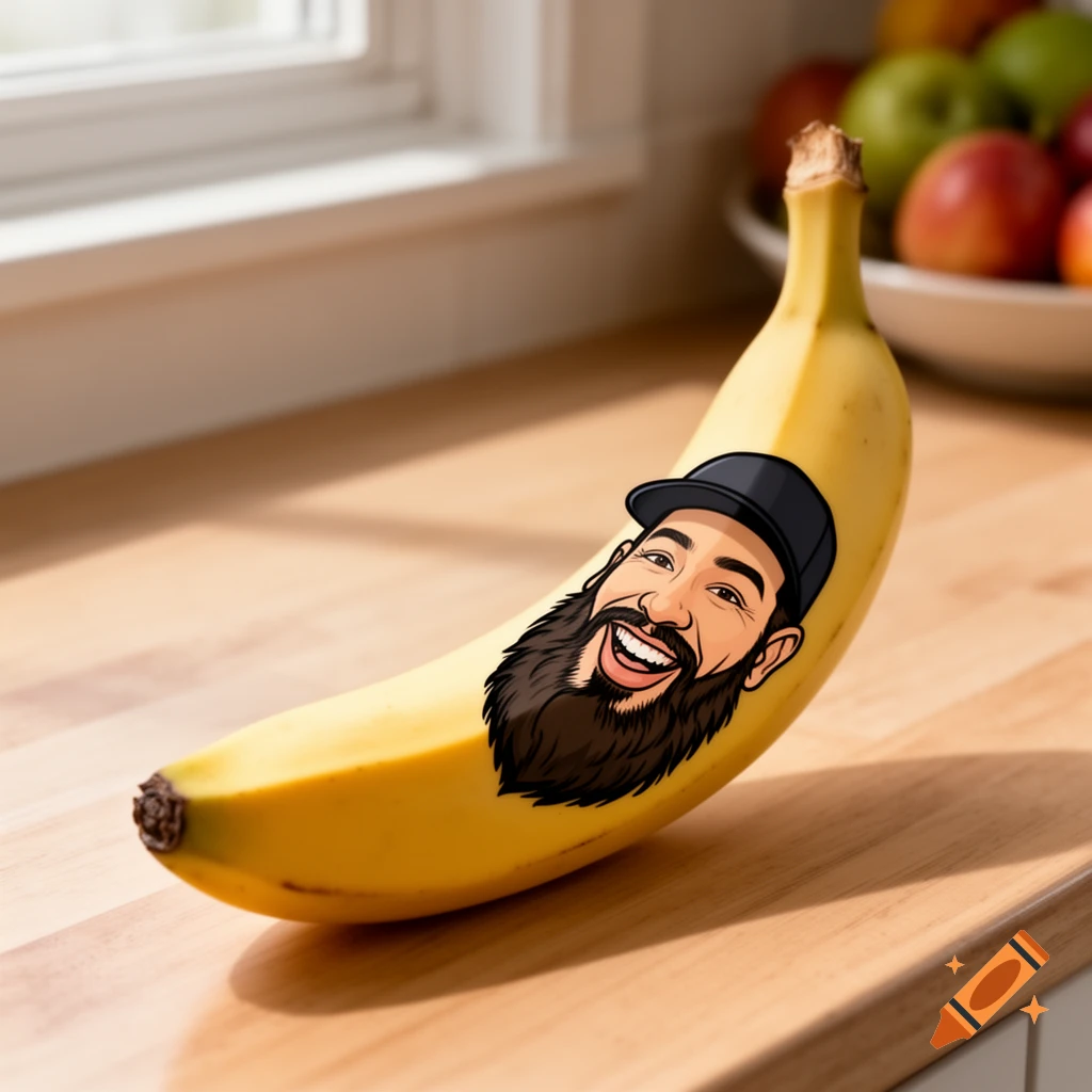 A photorealistic banana with a cartoon face of a bearded man wearing a black baseball cap, sitting on a wooden kitchen counter.