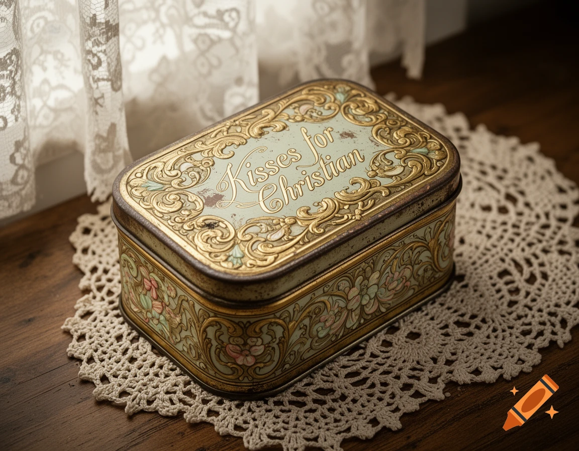 An ornate, gold and light blue vintage tin labeled "Kisses for Christian" sits on a lace doily next to a sheer curtain.