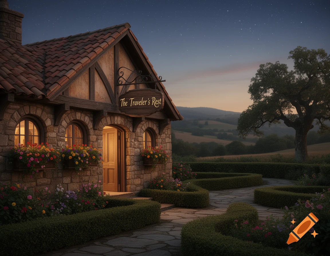 A cozy, stone inn with a tiled roof and blooming flower boxes, surrounded by a manicured garden under a starry twilight sky.