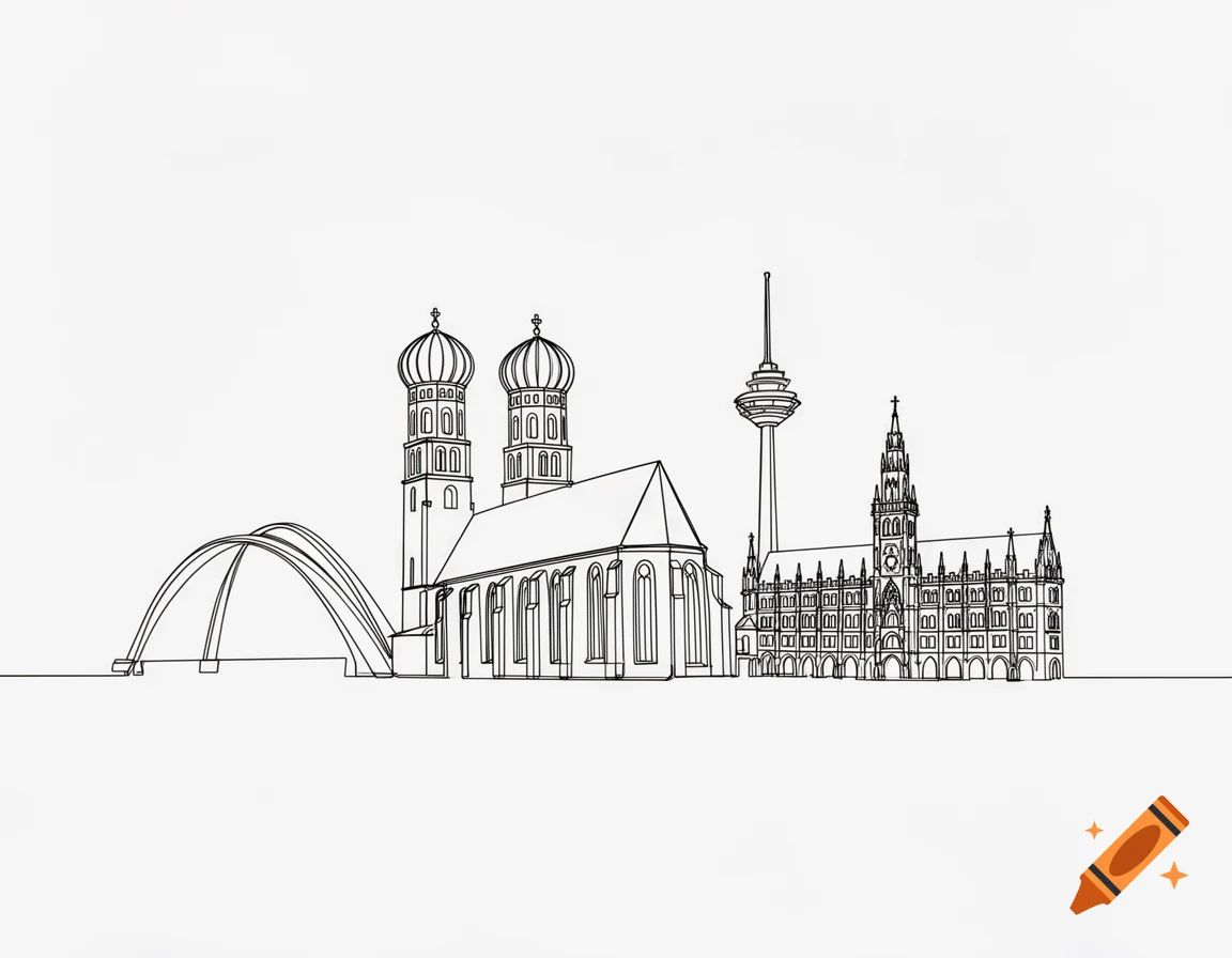 A minimalist single line drawing of the Munich skyline, featuring Frauenkirche, New Town Hall, Olympiaturm, and the Olympic Stadium arch.