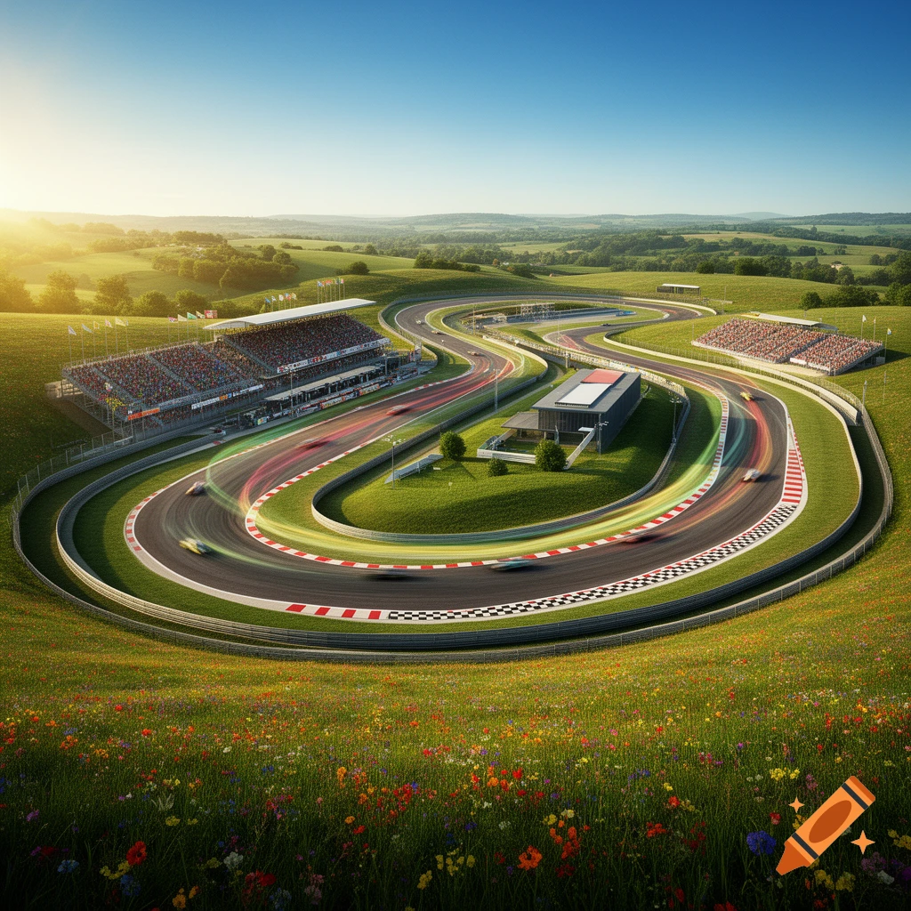 An aerial view of a winding race track with motion-blurred cars, surrounded by green rolling hills and wildflowers under a clear sky.