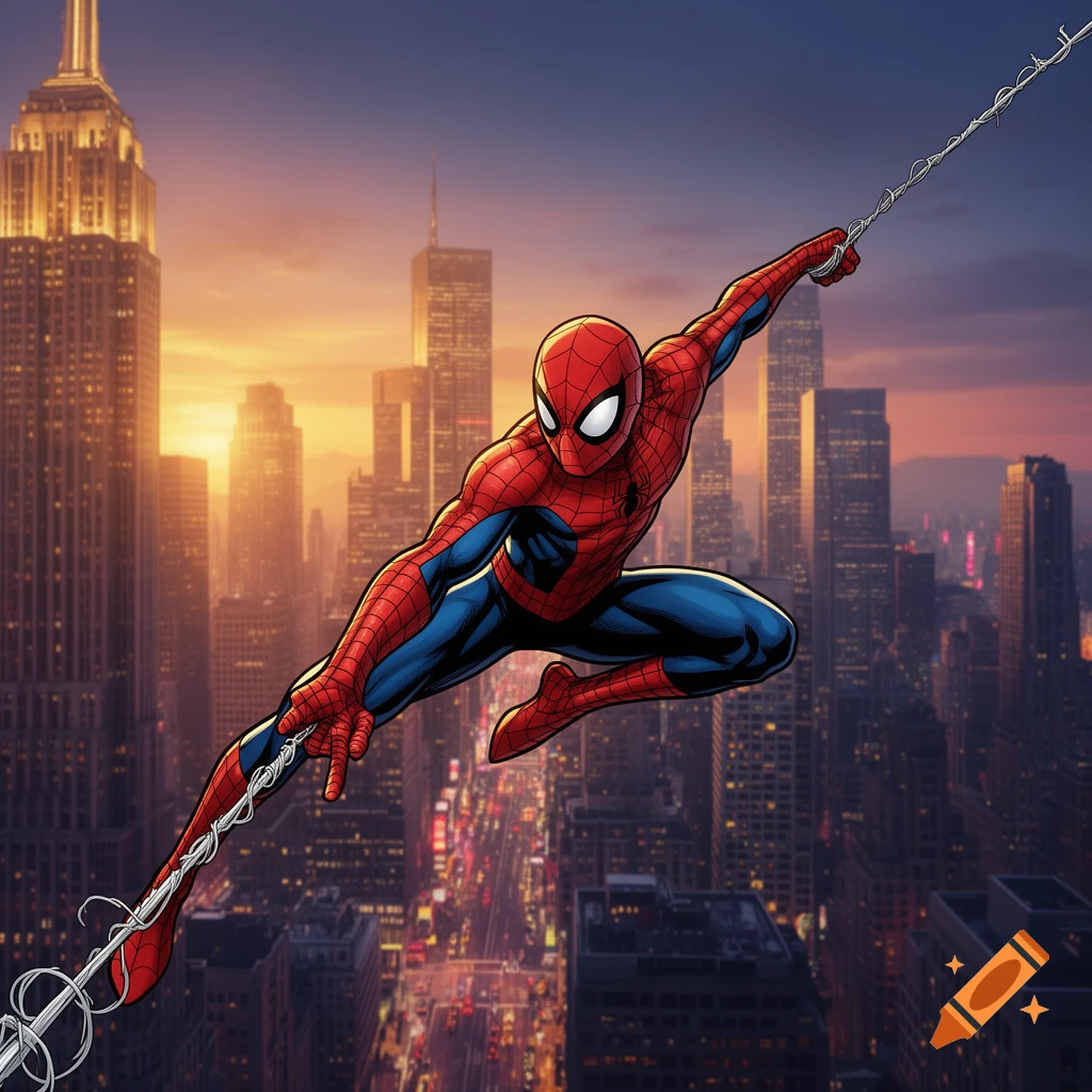Spiderman swings through a vibrant city at sunset, depicted in a comic book art style.