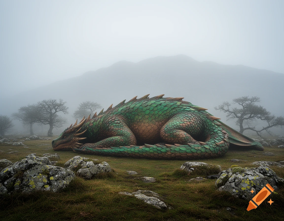 A large, green and brown scaled dragon sleeps curled up in a misty, rocky field with sparse trees.