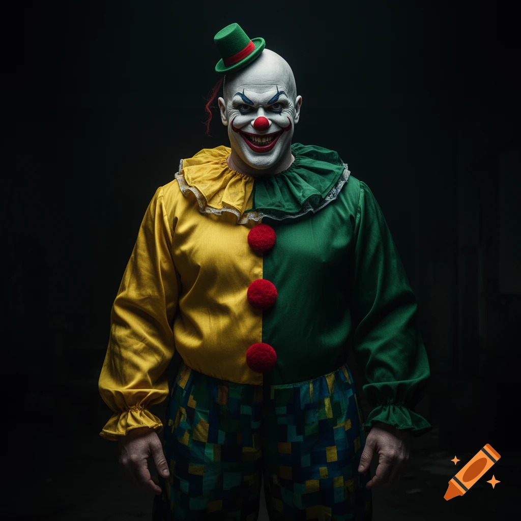 A bald, scary clown in a half-yellow, half-green costume and a small green hat smiles menacingly in the dark.