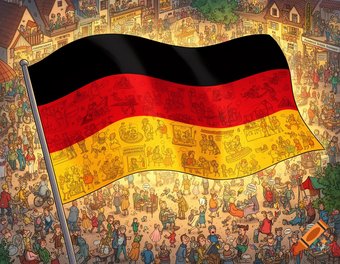 A busy comic illustration of a German flag rippling over a bustling town square filled with numerous cartoon people.