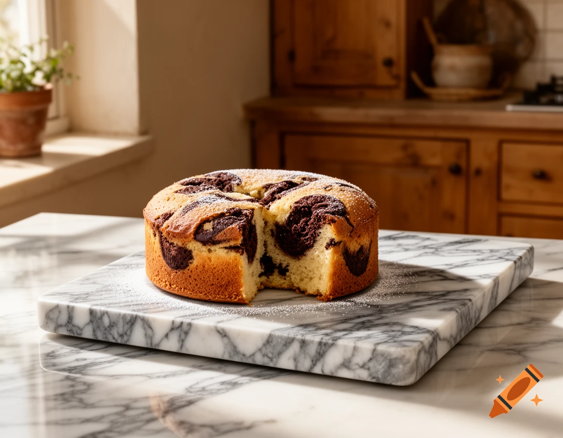A marble bundt cake with a slice removed, dusted with powdered sugar, on a white marble board in a sunlit kitchen.