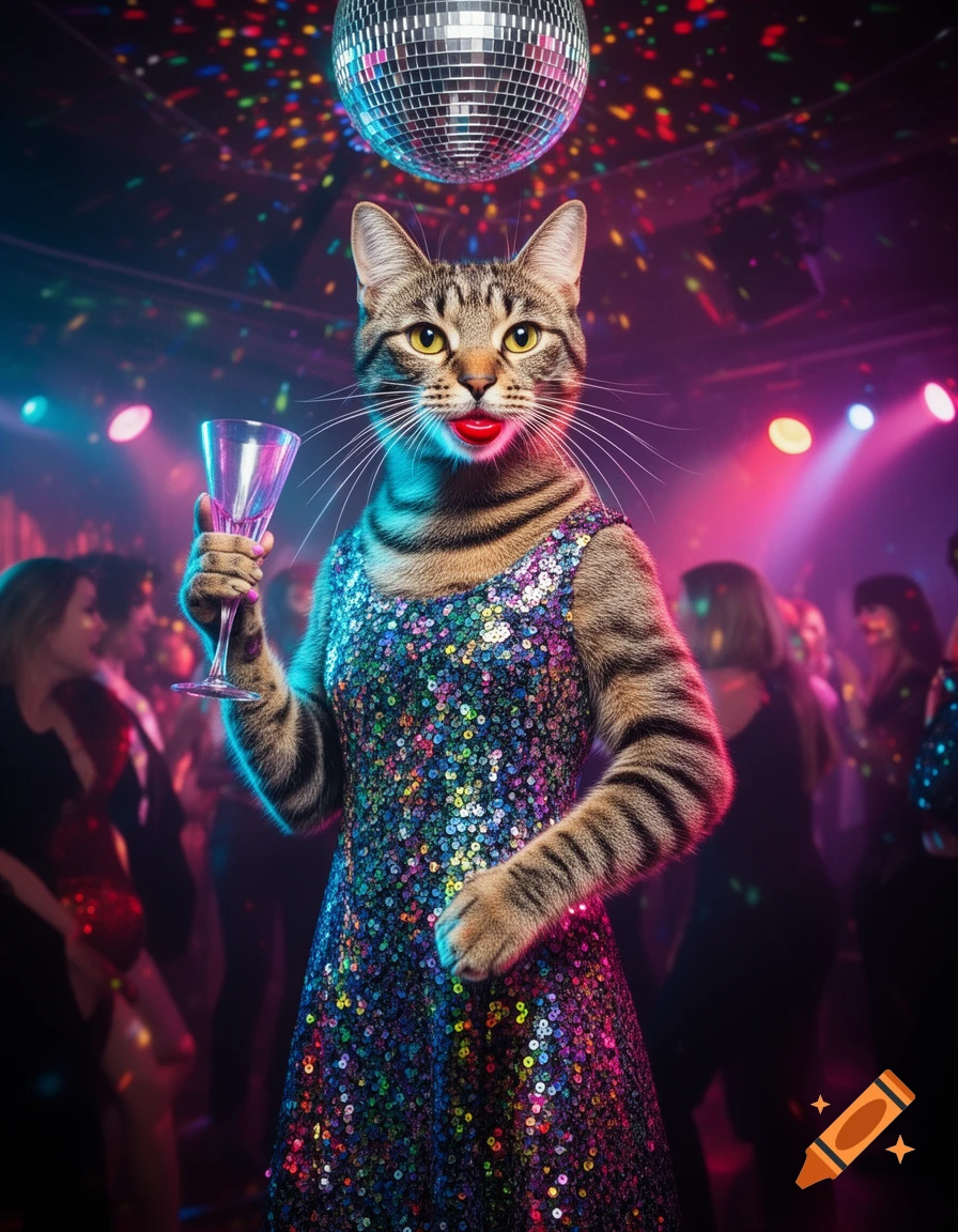A tabby cat in a sequined dress with red lipstick holds a cocktail glass in a vibrant disco with a disco ball and colorful lights.