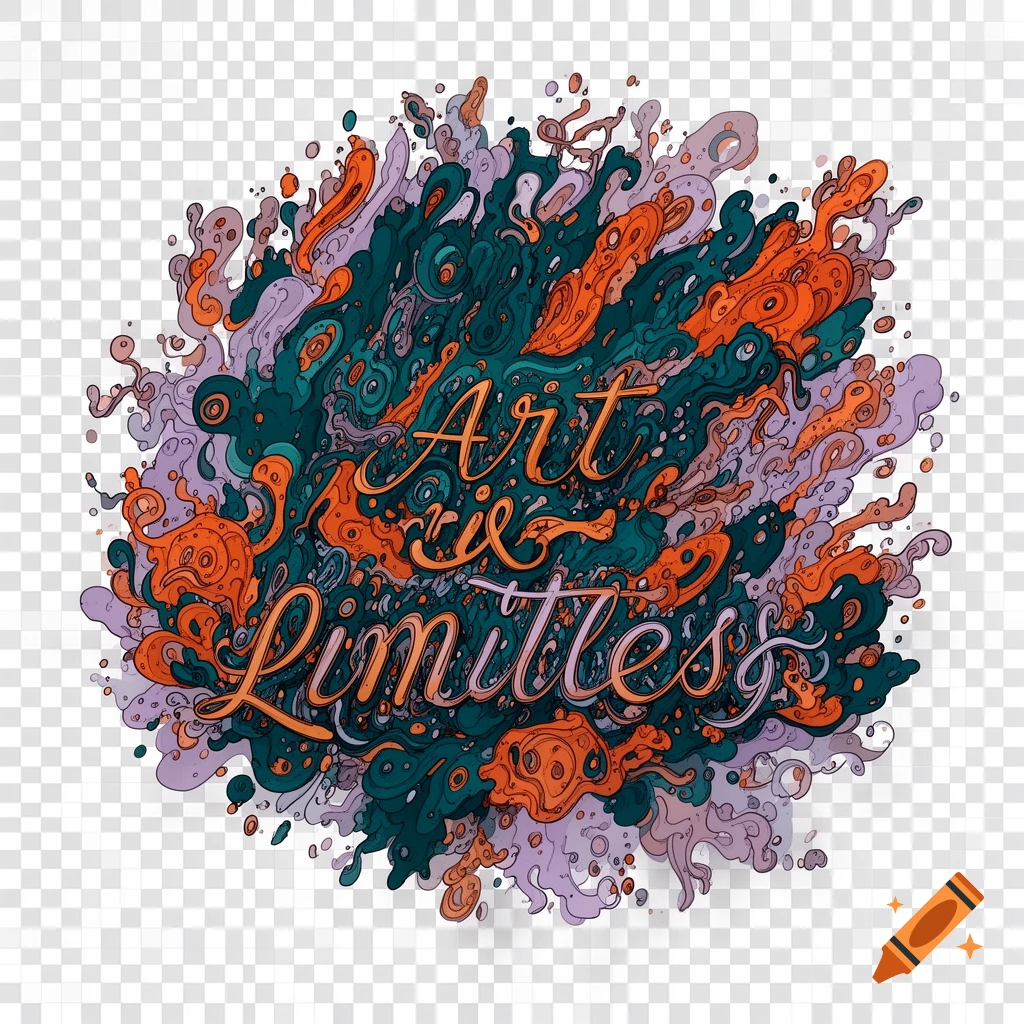 Colorful, abstract illustration with the hand-drawn text "Art is Limitless" amidst swirling shapes.