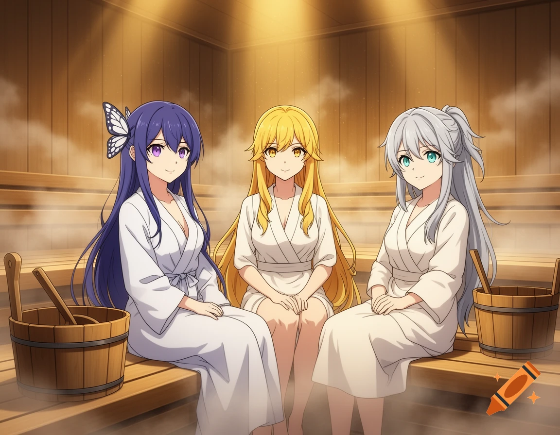 Three anime women in white bathrobes sit in a steamy wooden sauna.