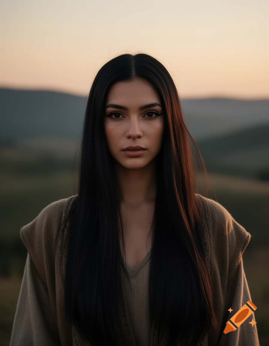 A photorealistic portrait of a woman with long dark hair and dark eyes, wearing a brown tunic, standing outdoors against a sunset sky.