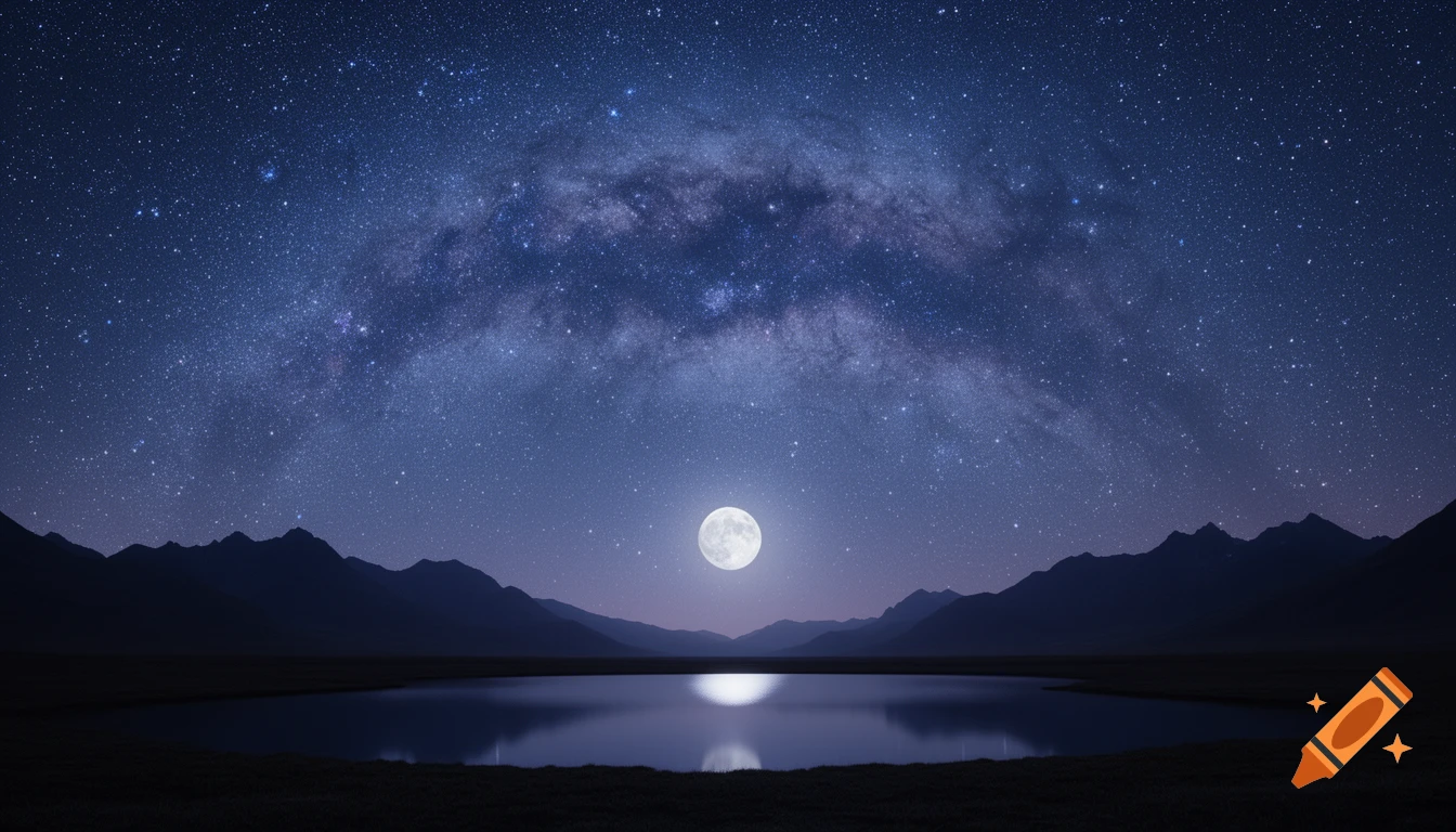 A photorealistic night landscape with a full moon reflecting on a lake, silhouetted mountains, and a starry sky with the Milky Way.