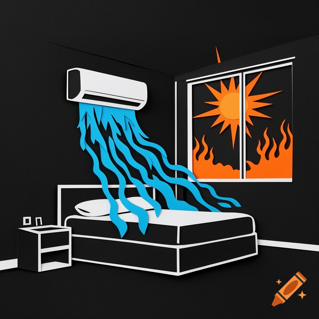 Paper cut style illustration of a bedroom with a white AC unit blowing blue cool air onto a bed, contrasted by an orange blazing sun and flames visible through the window.