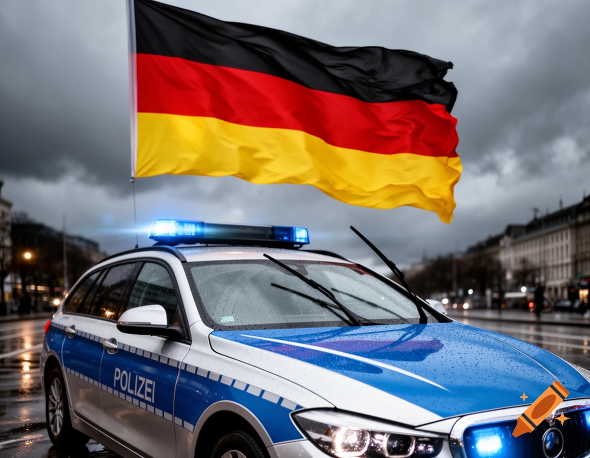 A German police car with flashing blue lights on a wet street under a large German flag and a cloudy sky.