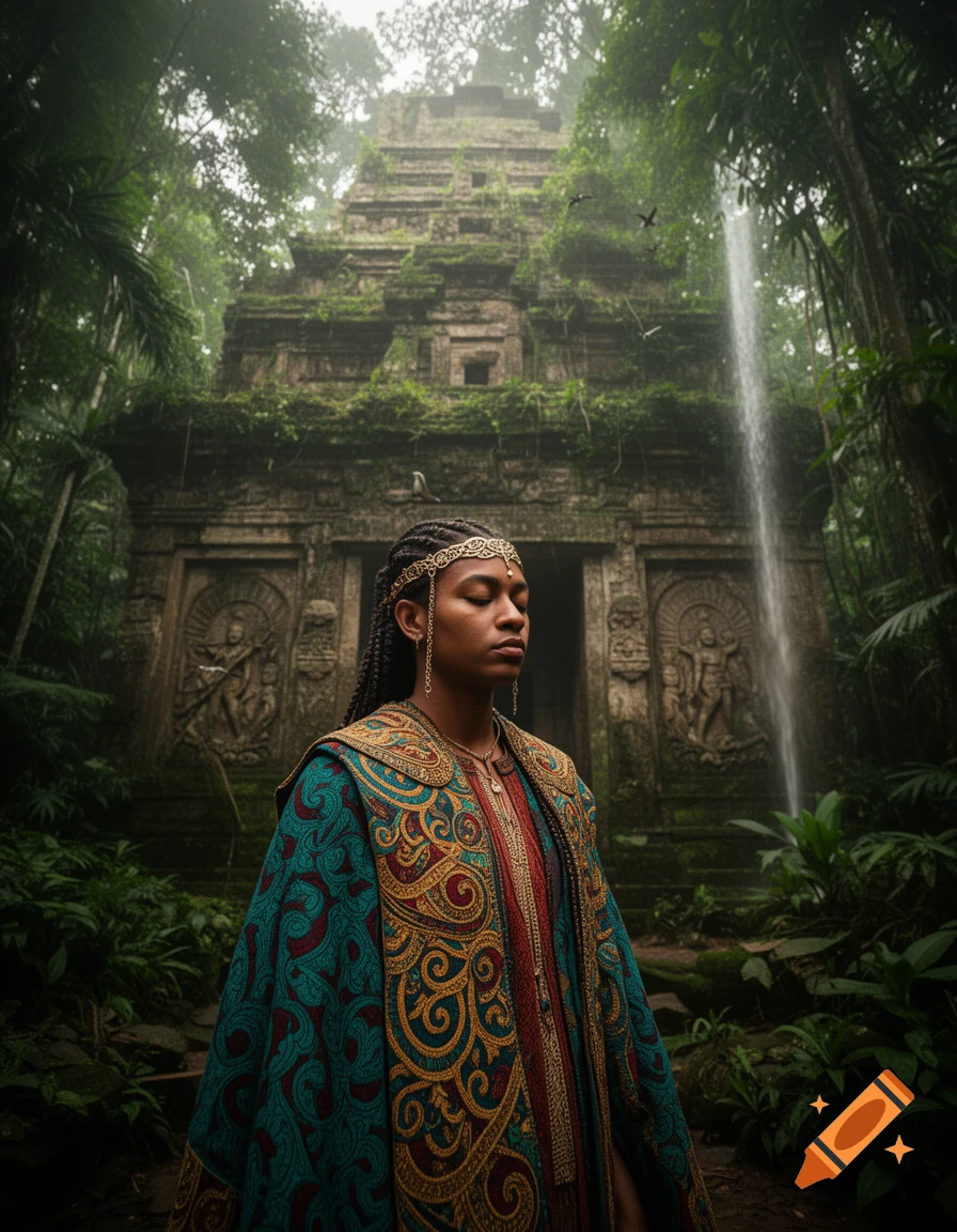 A woman in an ornate teal and gold patterned robe stands with eyes closed before a mossy ancient temple and waterfall in a dense jungle.