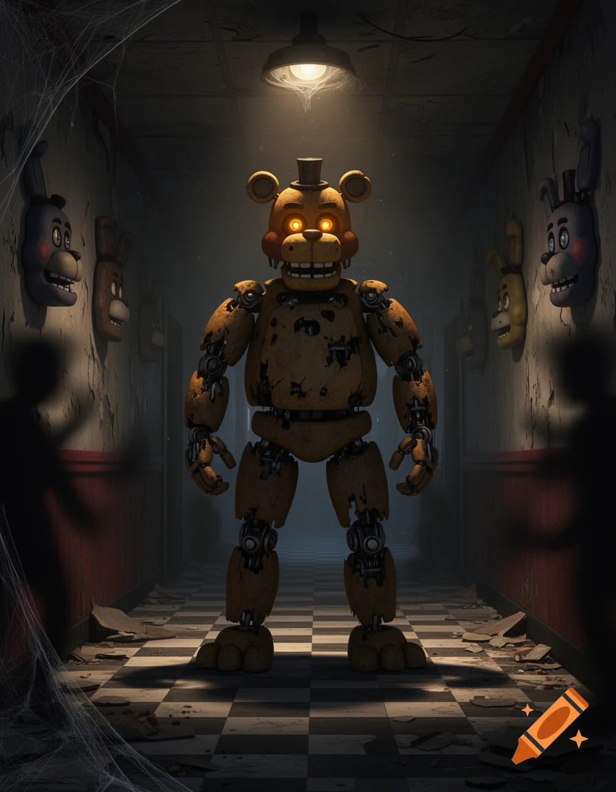 A creepy, dilapidated animatronic bear with glowing eyes stands in a dark, abandoned hallway with checkerboard tiles and animatronic heads on the walls.