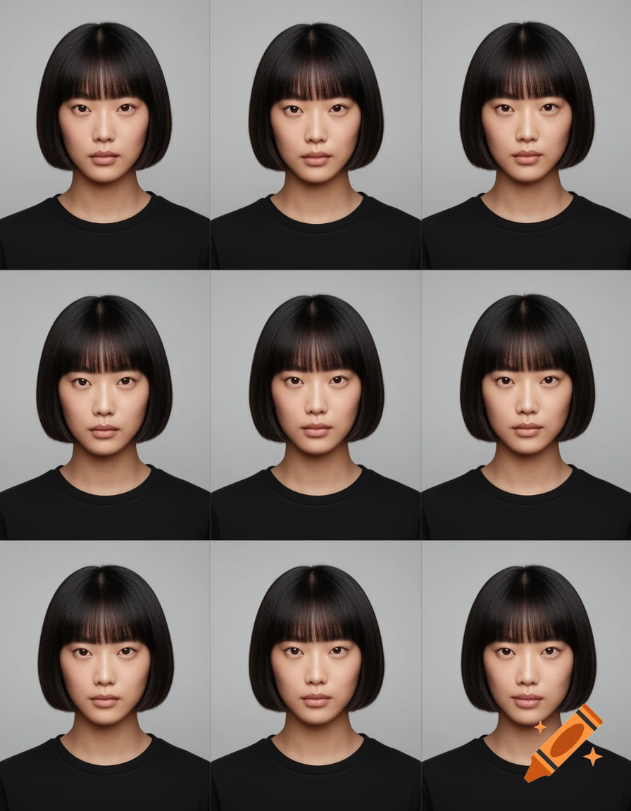 Grid of nine identical studio portraits of an East Asian woman with a short bob haircut and bangs, wearing a black t-shirt.