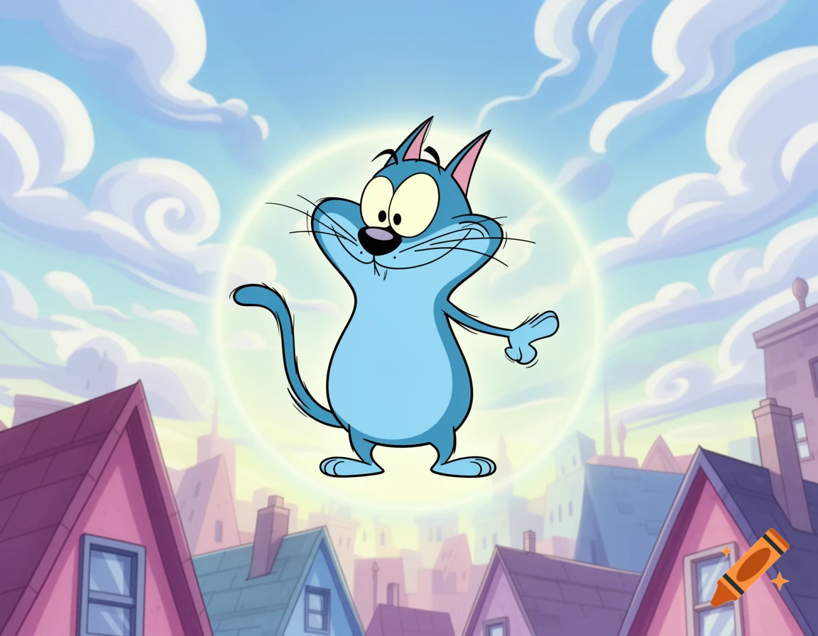 A cartoon blue cat with large eyes floats above city rooftops against a light blue, cloudy sky.