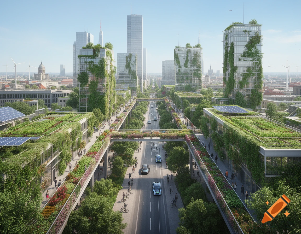 Photorealistic rendering of a futuristic, sustainable city with buildings covered in green vegetation, elevated walkways, and clean streets.
