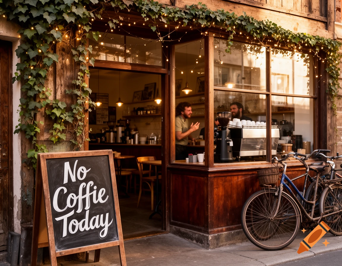 A warmly lit coffee shop with ivy and string lights, a chalkboard sign reading 'No Coffie Today', and two bicycles parked outside.