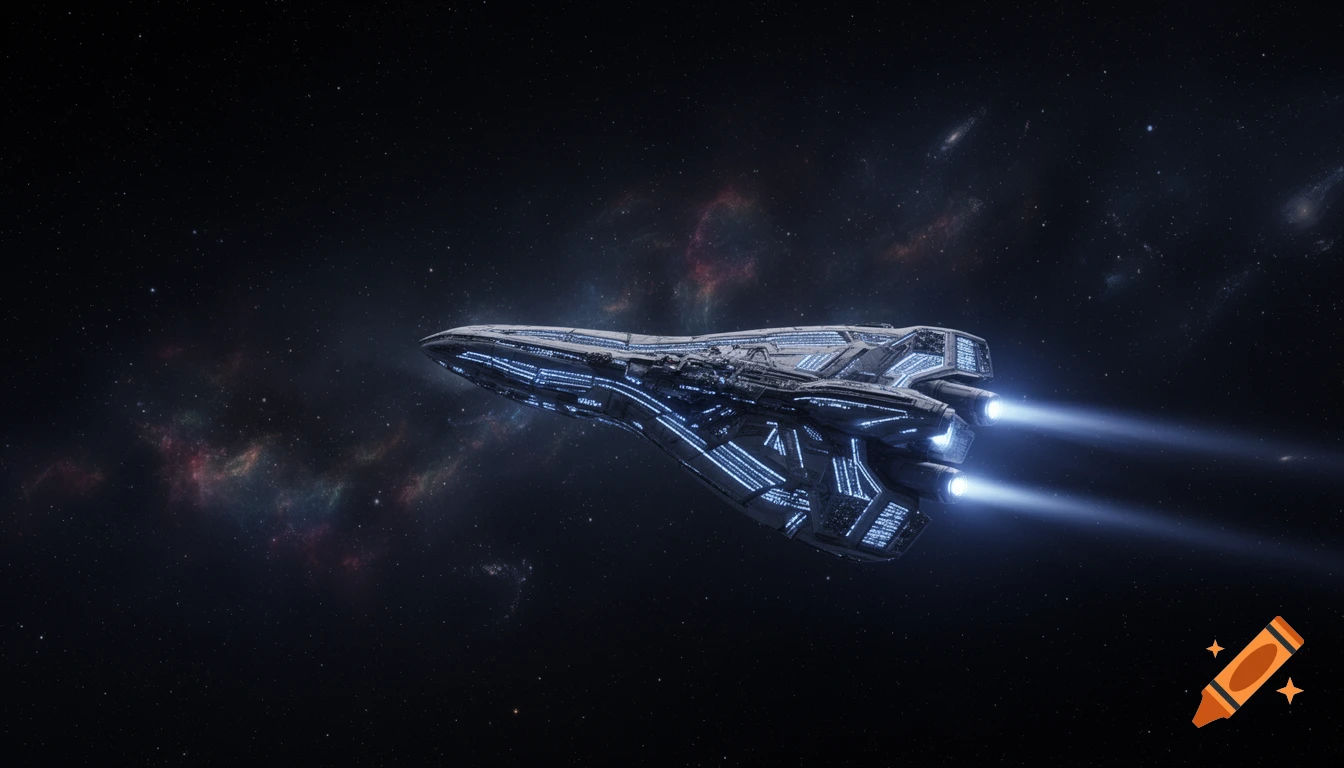 A detailed futuristic spaceship with glowing blue lights and engine trails flies through a star-filled galaxy.