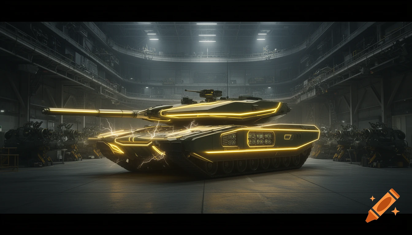 A futuristic military tank with glowing yellow neon lights and electric sparks, parked inside a vast, hyper-detailed industrial garage.