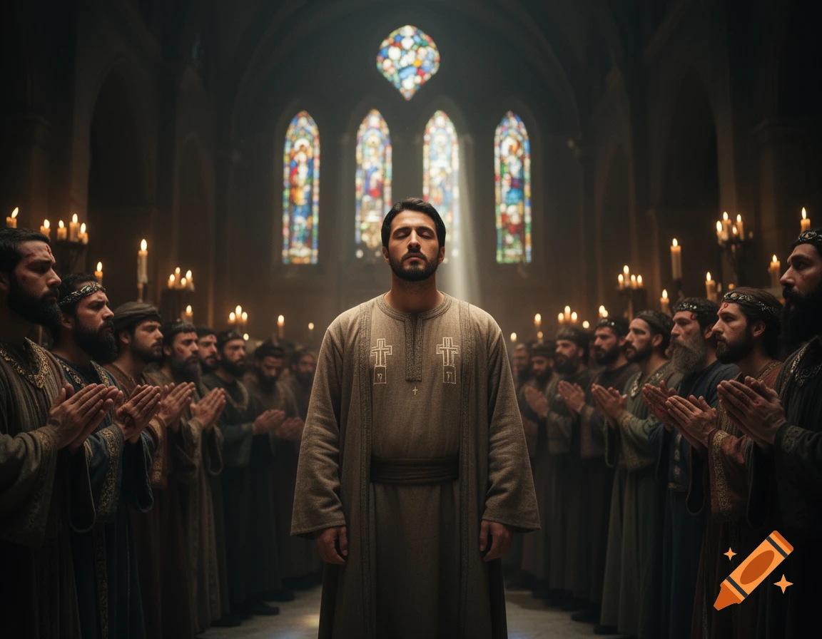A man with closed eyes stands in a candlelit church with stained glass windows, surrounded by men with clasped hands.