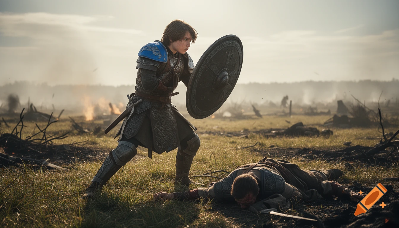 A young warrior in blue and grey armor holds a large shield defensively over a fallen ally on a smoky, war-torn plain at sunset.
