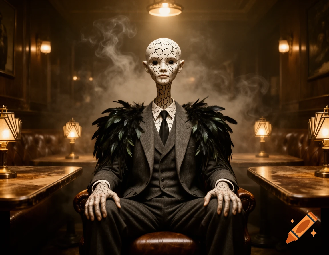 A creature with cracked pale skin and a thin neck, wearing a 1920s mobster suit with a feathered cape, sits in a smoky, dimly lit bar.