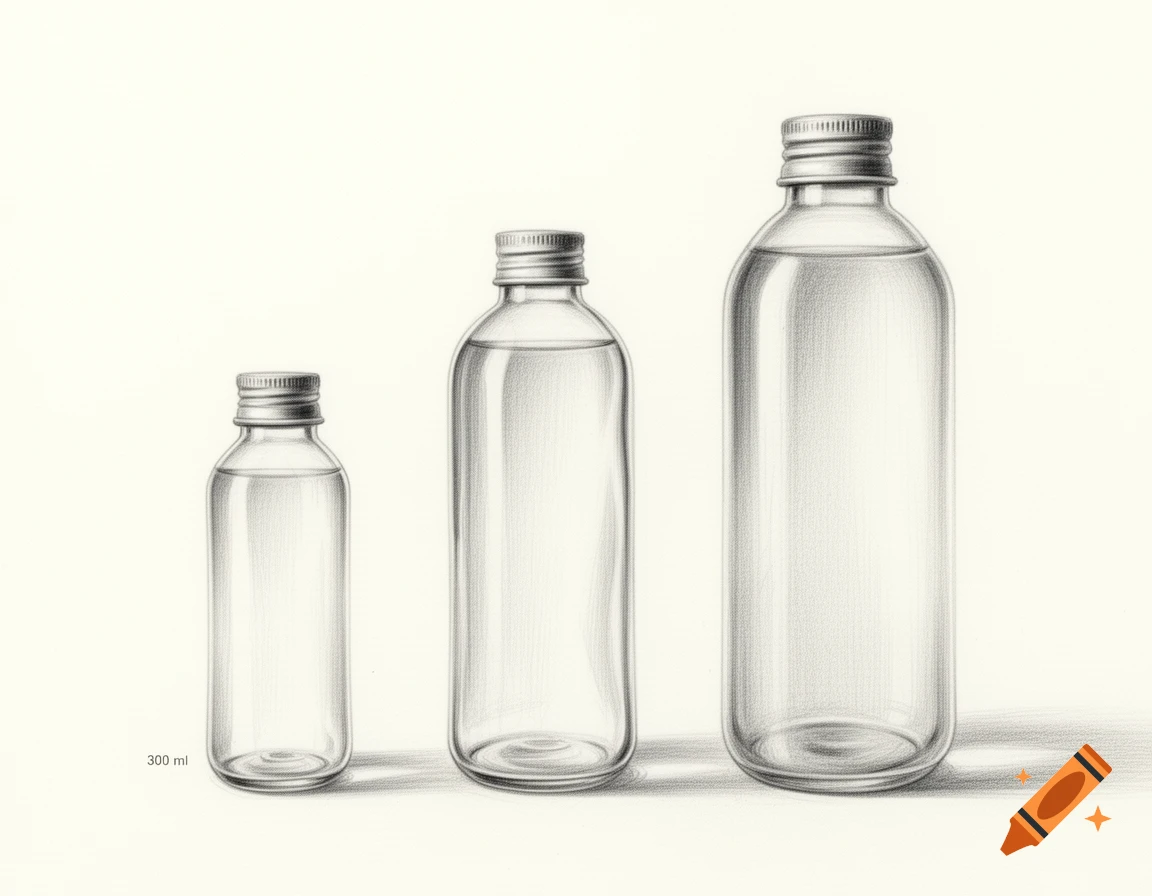 A detailed pencil drawing of three glass water bottles of increasing size, from 300ml to 500ml, with liquid inside, casting subtle shadows on a light background.