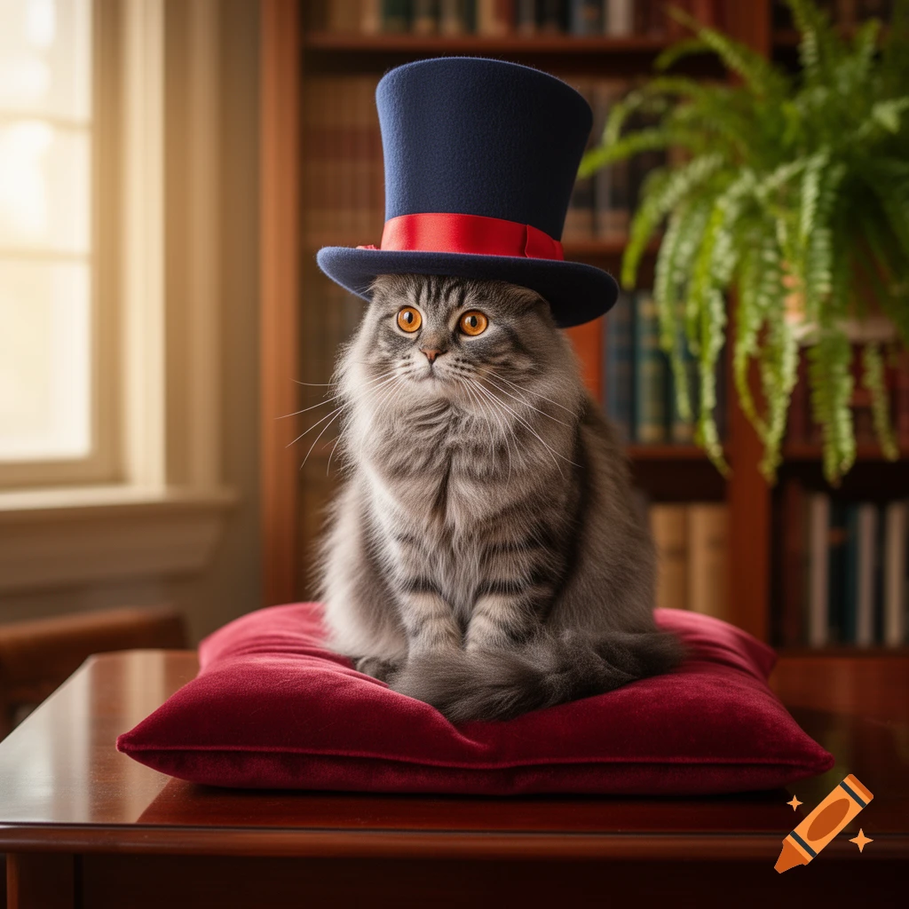 A fluffy grey cat with orange eyes wearing a blue top hat with a red ribbon sits on a red velvet cushion in a library.