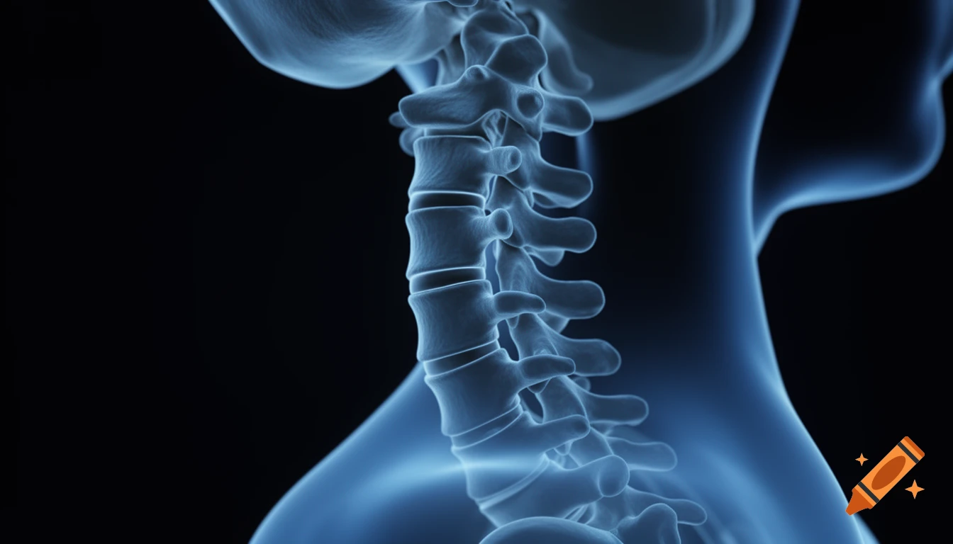 Photorealistic medical illustration of a glowing blue human cervical spine against a dark background.