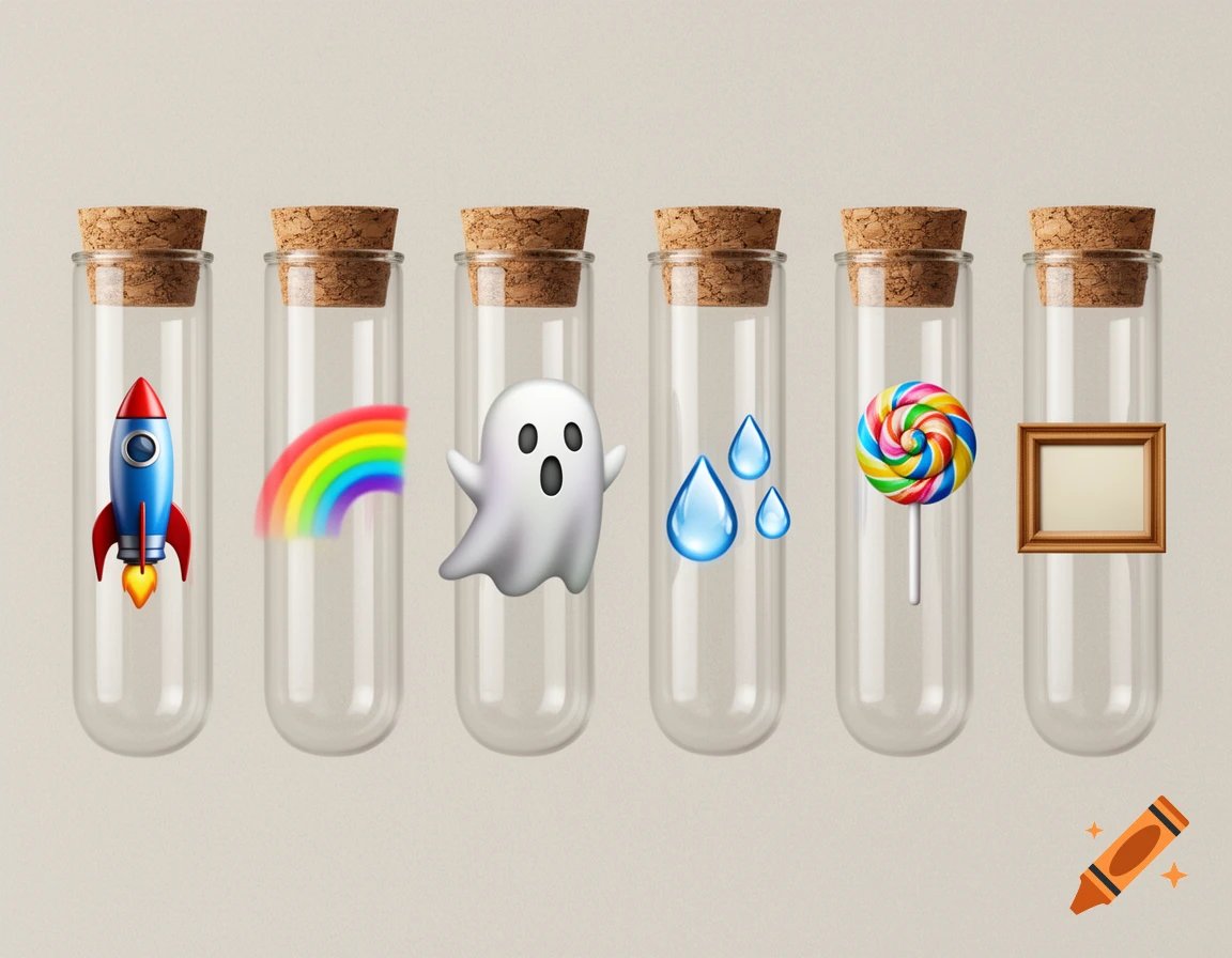 Six corked glass test tubes, each containing a different emoji: a rocket, rainbow, ghost, water drops, lollipop, and an empty picture frame.