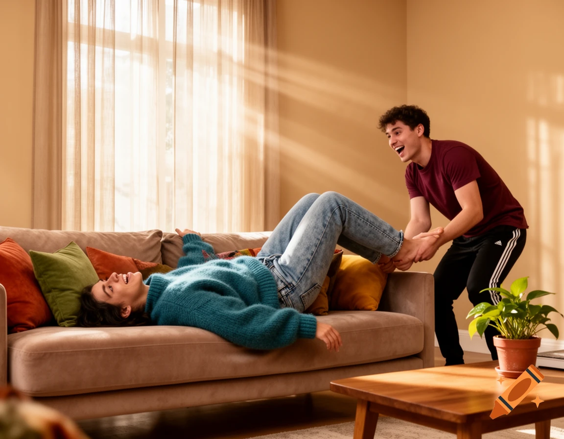 A woman laughs while lying upside down on a couch as a man playfully pulls her feet in a sunlit living room.
