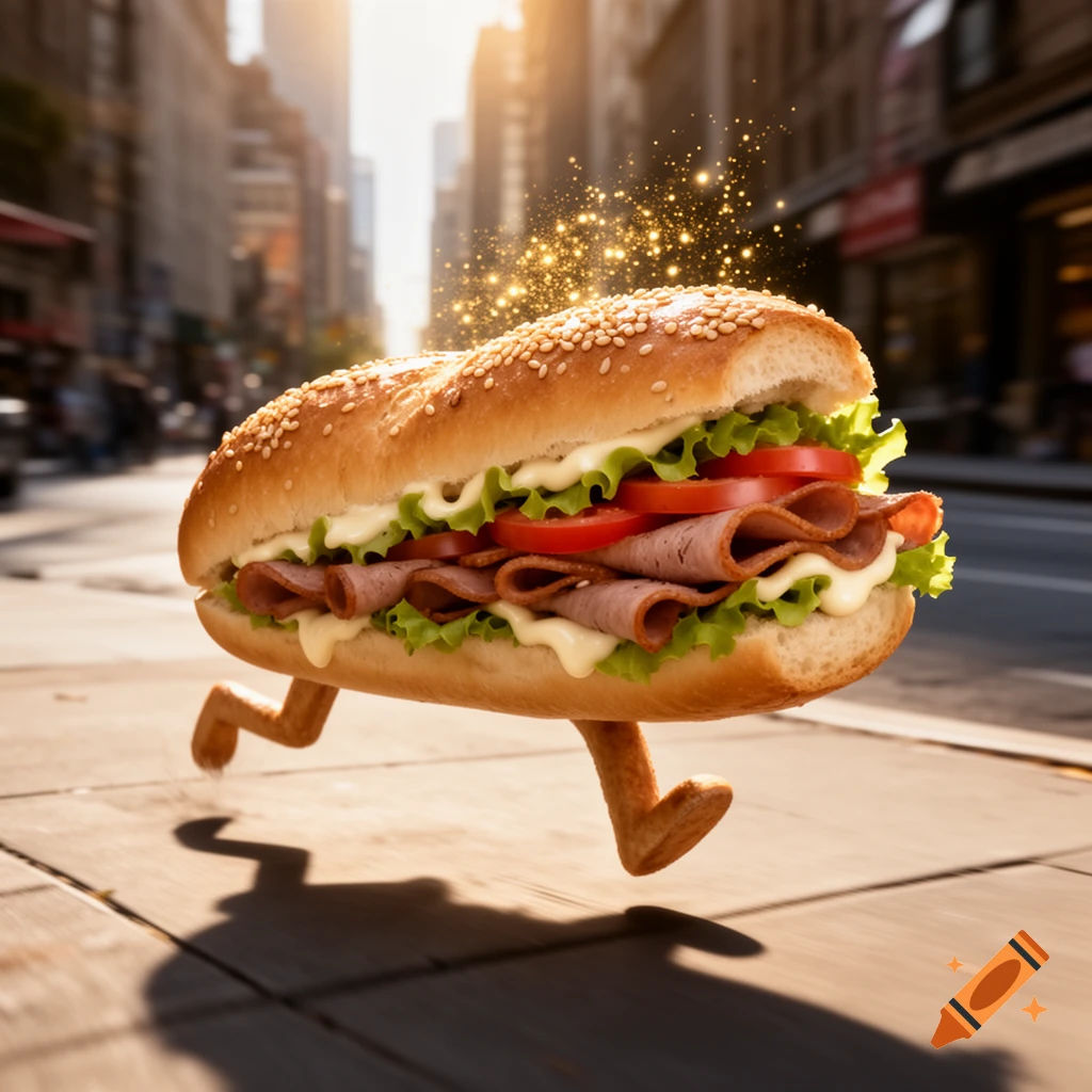 A photorealistic submarine sandwich with legs runs on a sunlit city street with golden sparkles above it.