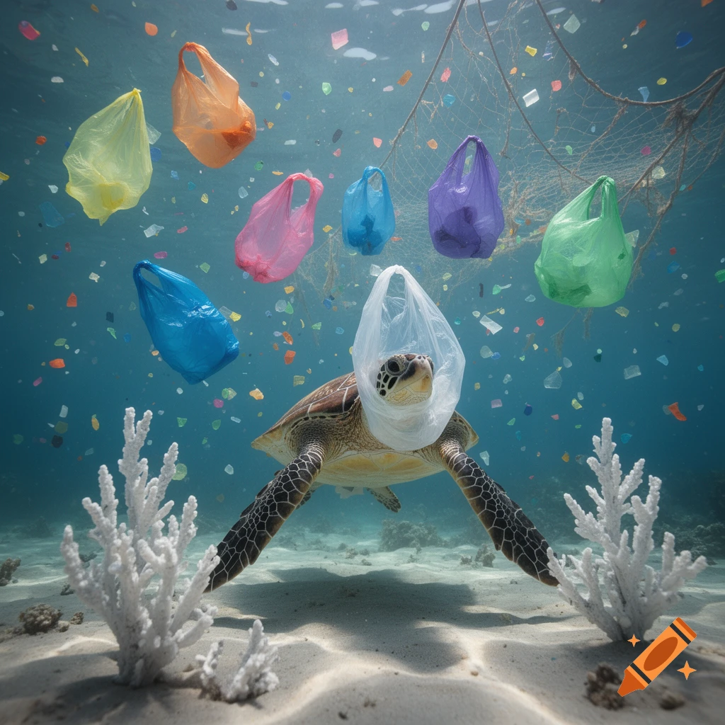 A photorealistic sea turtle with its head in a plastic bag swims through a polluted ocean filled with plastic debris and a net, with white coral below.