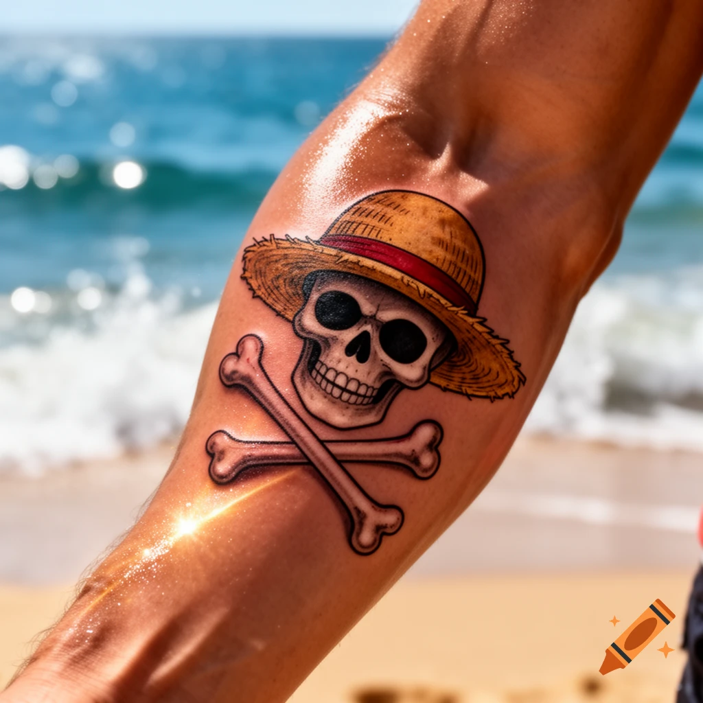A close-up shot of a person's arm on a sunny beach, showcasing a well-rendered tattoo of a skull wearing a straw hat with crossed bones.