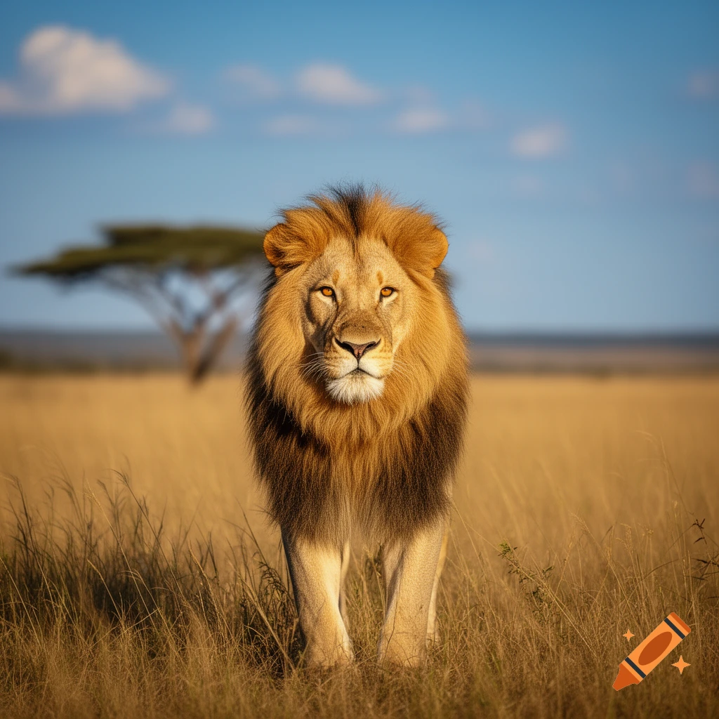 A majestic male lion with a full mane stands in tall golden grass under a blue sky in a savanna.