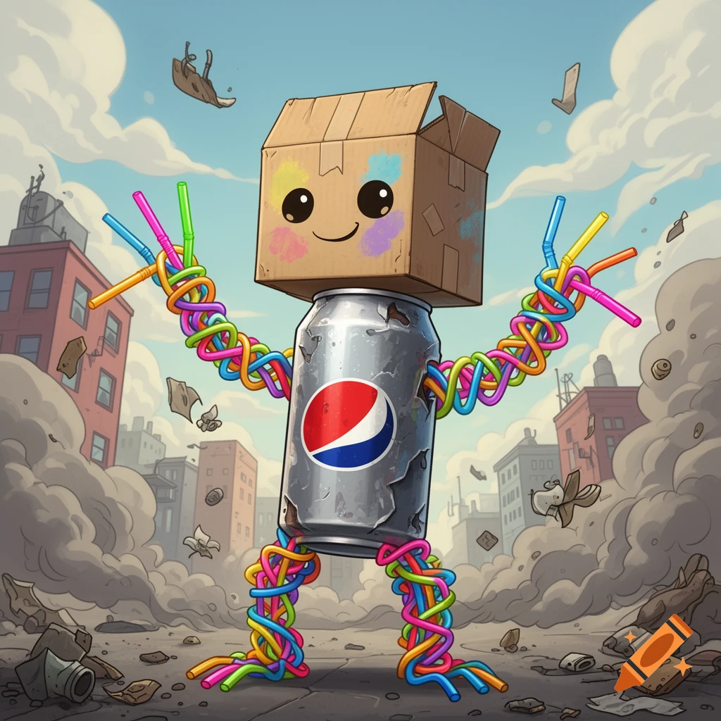 A smiling cartoon monster made of a cardboard box head, a Pepsi can body, and colorful plastic straw limbs stands in a trash-filled city.
