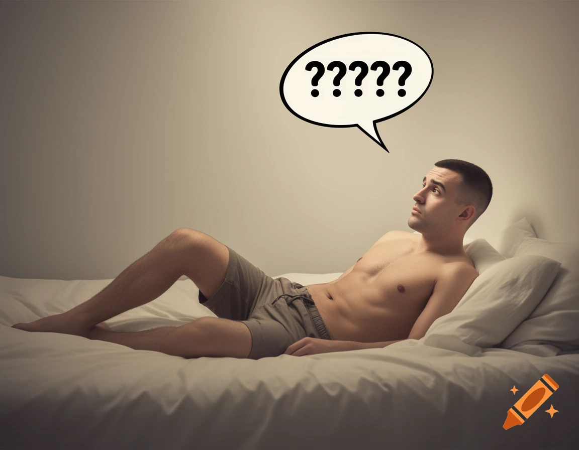 A man with short hair and no beard lies shirtless in shorts on a bed, looking up at a speech bubble with five question marks.